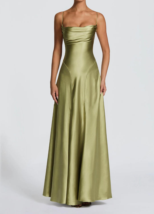Damen Elegantes Maxi-Kleid mit fließendem Satin und verführerischem Spaghettiträger EB