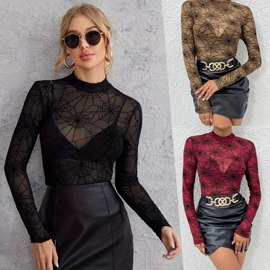 Damen nan transparentes Netzoberteil mit Spinnennetzmuster und Stehkragen EB
