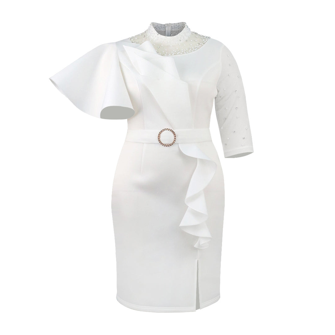 Damen Cocktailkleid mit asymmetrischem Rüschendesign und dekorativen Perlenakzenten EB