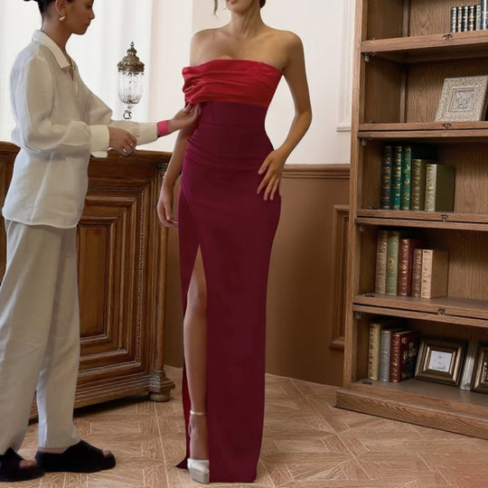 Damen schulterfreies Abendkleid mit elegantem Drapierungseffekt und hohem Schlitz EB