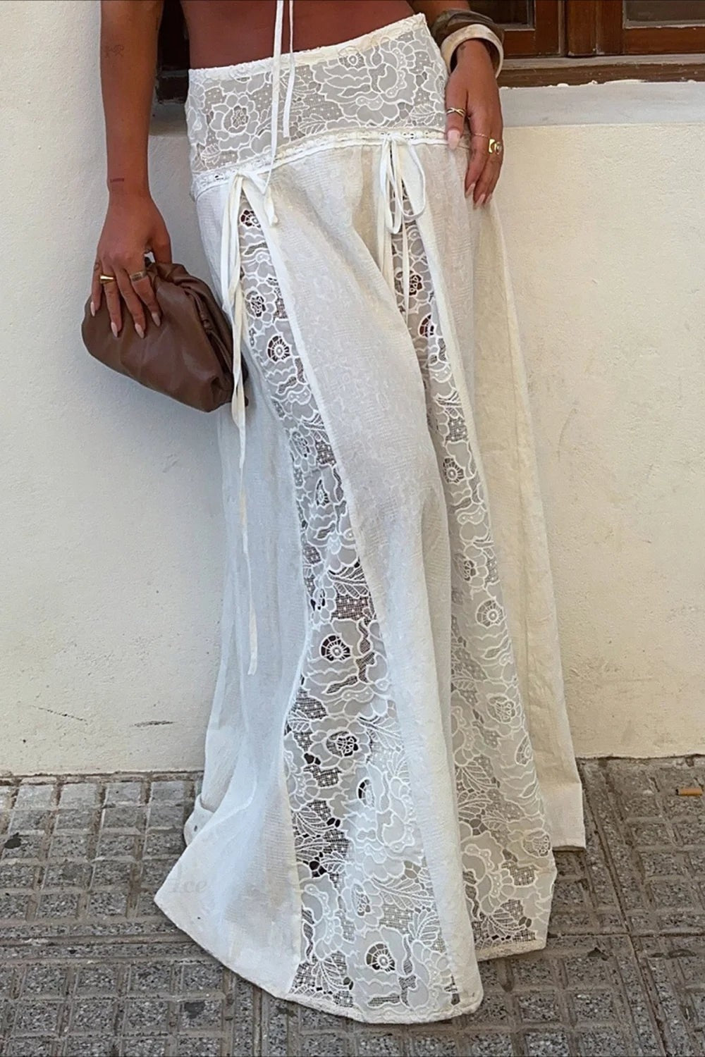 Damen Maxi-Rock mit elegantem Spitzen-Design und seitlichen Bändern EB