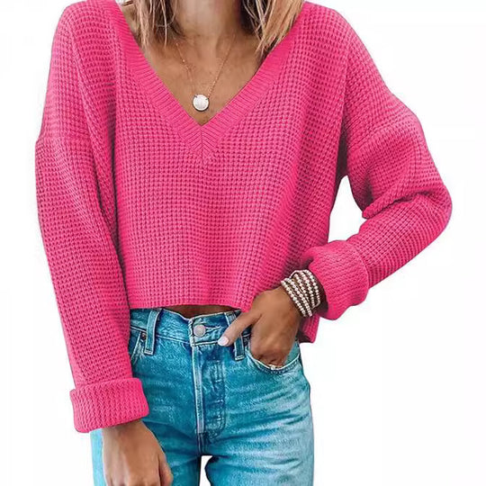 Damen modischer V-Ausschnitt Pullover im Waffelstrick EB