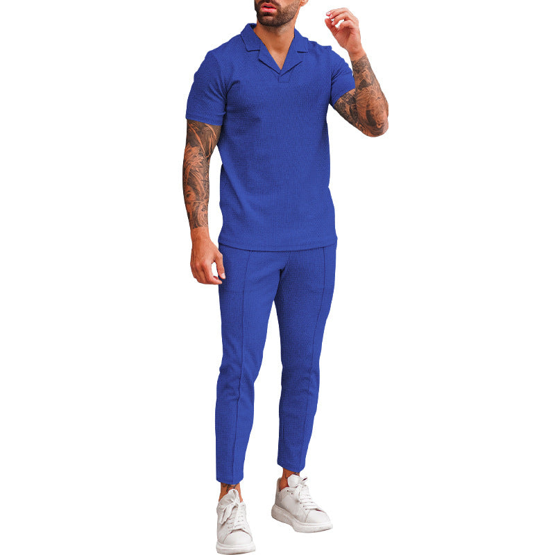 Herren modernes Freizeit-Set mit poloähnlichem Oberteil und schmal geschnittenen Hosen EB