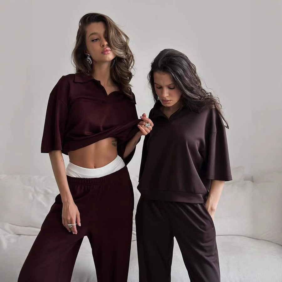 Damen Loungewear-Set mit offenem Polokragen und weiter Komforthose EB