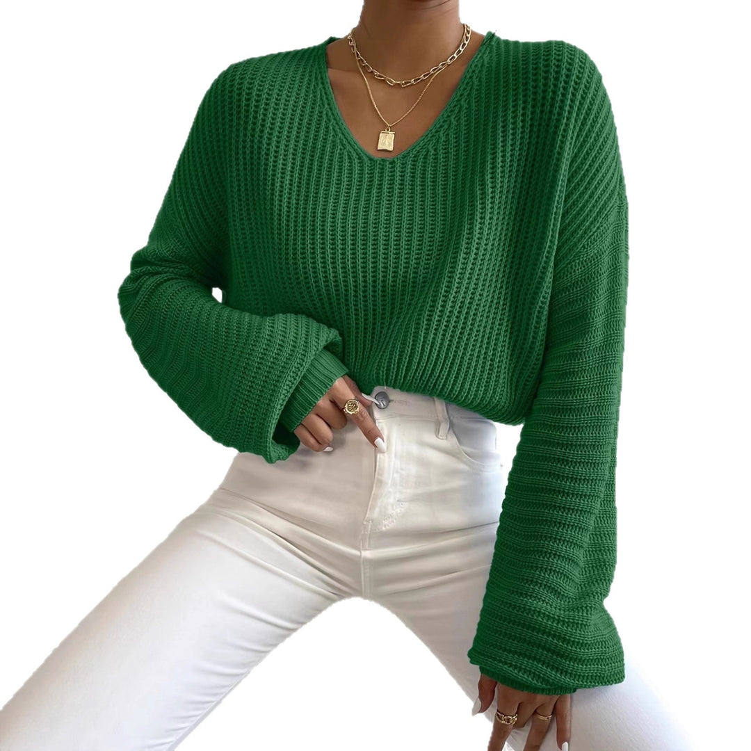 Damen lässiger Strickpullover mit weitem V-Ausschnitt und extra langen Ärmeln EB