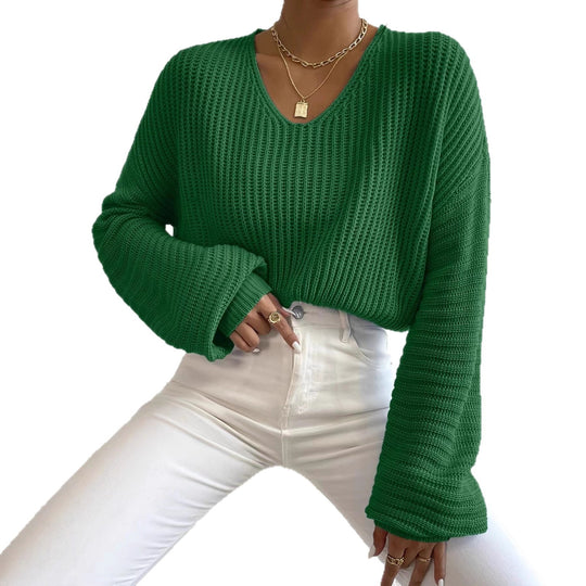Damen lässiger Strickpullover mit weitem V-Ausschnitt und extra langen Ärmeln EB