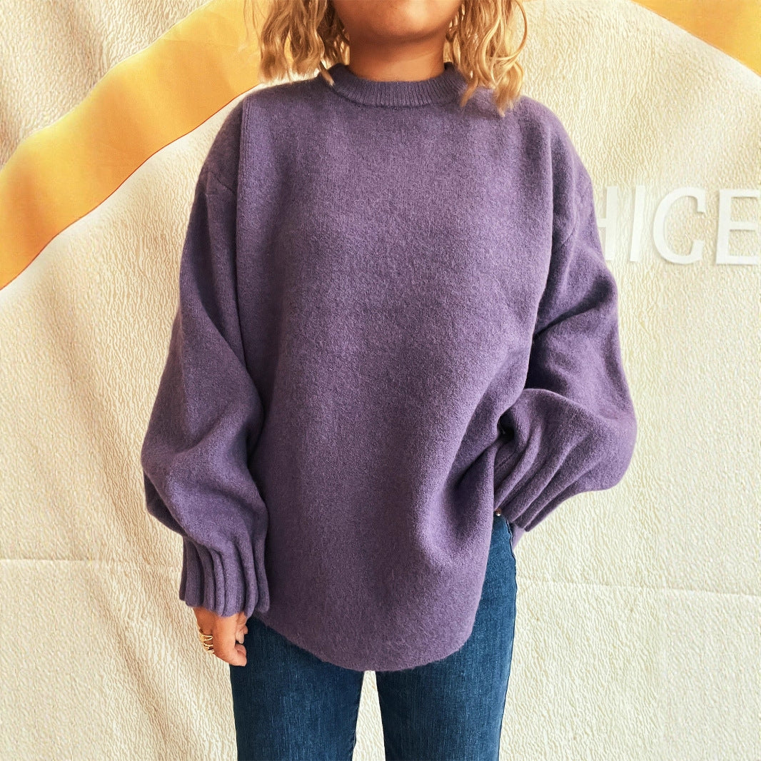 Damen lässiger Strickpullover mit weitem Rundhalsausschnitt und fluffiger Textur EB