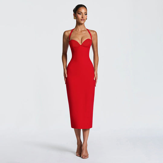 Damen Figurbetontes Midi-Kleid mit Herzausschnitt und verstellbaren Trägern EB