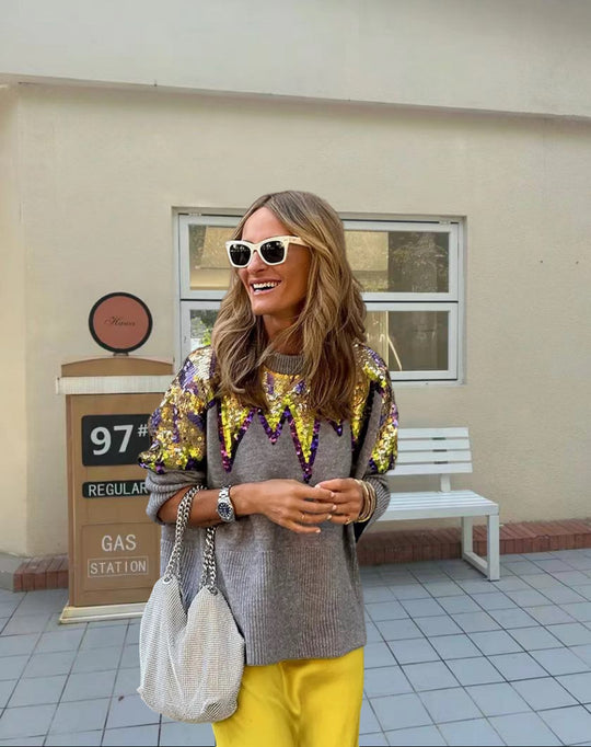 Damen Glitzerndes Oversize-Pullover mit einzigartigem Design und funkelnden Details EB