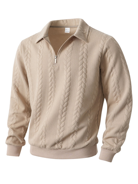 Herren nan Halbzip-Pullover mit Kentkragen, Zopfstrickstruktur und geripptem Saum EB