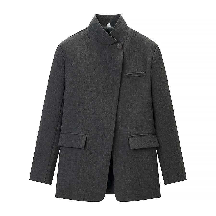 Damen nan taillierter Karo-Mantelblazer mit Stehkragen, asymmetrischer Knopfblende und Pattentaschen EB