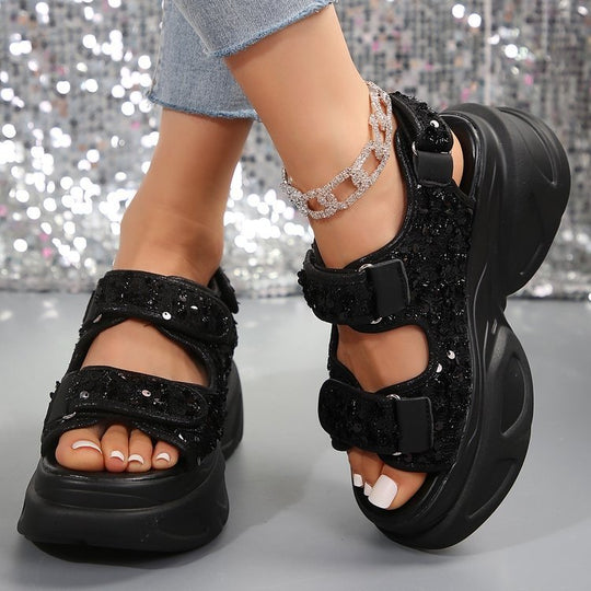 Damen Sneakersandalen mit komfortablem Klettverschluss und glitzernder Oberflächenstruktur EB