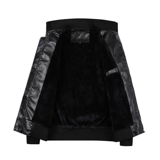 Herren Kunstleder-Bomberjacke im Vintage‑Fliegerstil mit geripptem Stehkragen und dekorativen Aufnähern EB