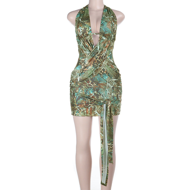 Damen kurzes Wickelkleid mit tiefem Ausschnitt und aufregendem Schlangenmotiv EB