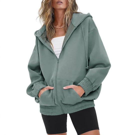 Damen nan oversized Kapuzenjacke mit Reißverschluss, Fleece-Futter und Kängurutaschen EB