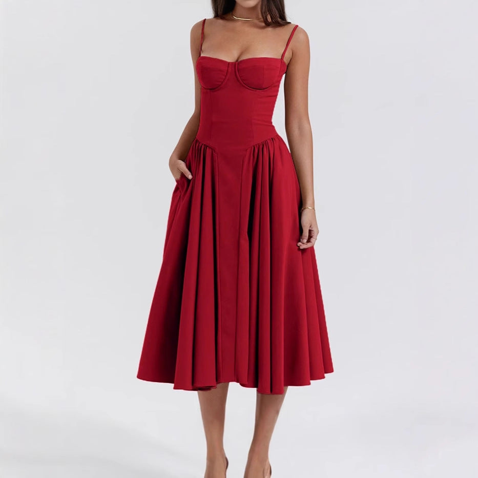 Damen Midikleid mit trägerlosem Design und voluminösem Faltenrock EB