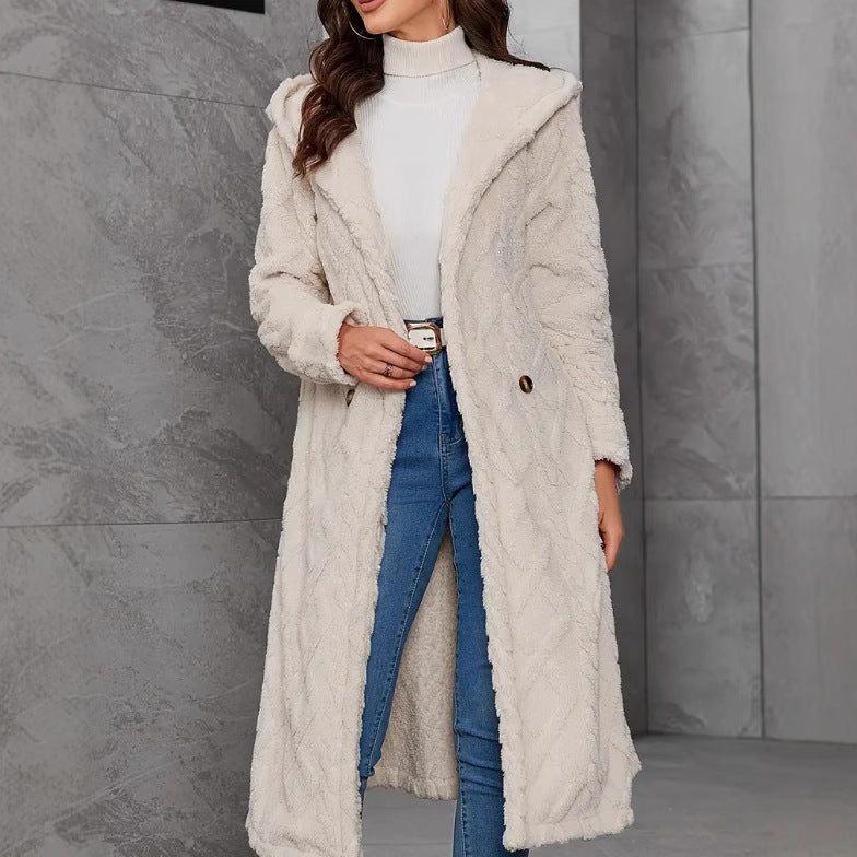 Damen Fluffy Mantel mit Kapuze und Knopfverschluss EB