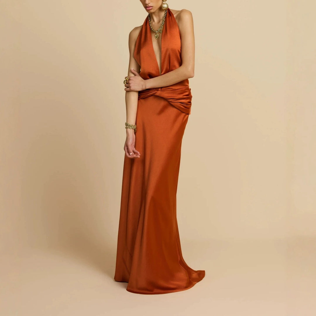 Damen Elegantes Maxikleid mit tiefem V-Ausschnitt und raffinierten Drapierungen EB