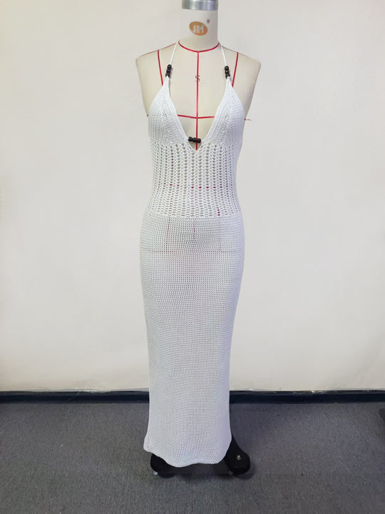 Damen gehäkeltes Strandkleid mit tiefem V-Ausschnitt und herausragenden Details EB