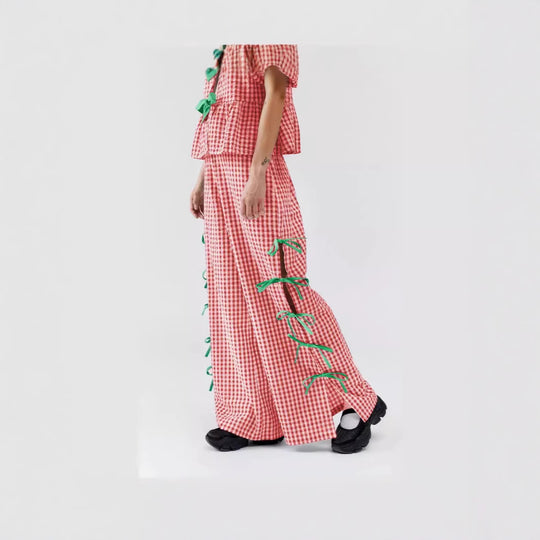 Damen Weite Karohose mit dekorativen Schnürdetails EB