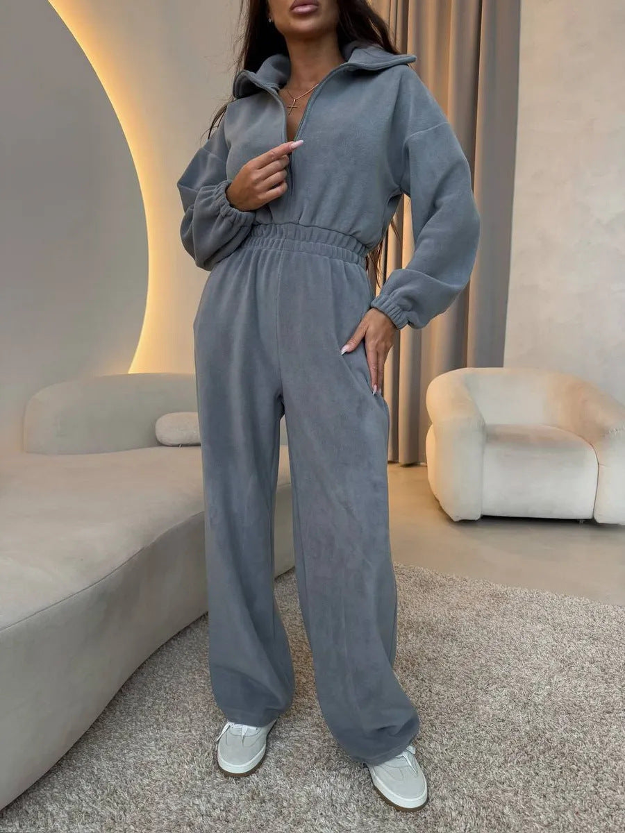 Damen Oversized Loungewear-Jumpsuit mit halbem Reißverschluss und elastischer Taillenraffung EB