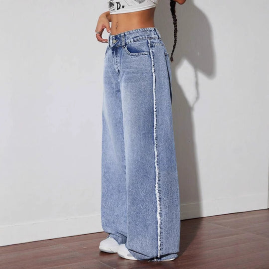 Damen Weite Denim-Jeans mit auffälligem fransigem Saum und hoher Taille EB