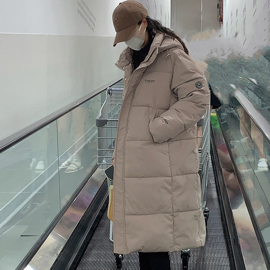 Damen Lange Steppjacke mit Kapuze und hohen Kragen EB