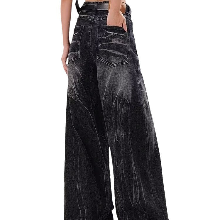 Damen Weite Jeanshose mit modischem Used-Look und hohem Bund EB