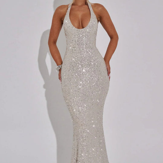 Damen Glamouröses Pailletten Kleid mit tiefem V-Ausschnitt und langem Saum EB