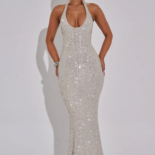 Damen Glamouröses Pailletten Kleid mit tiefem V-Ausschnitt und langem Saum EB