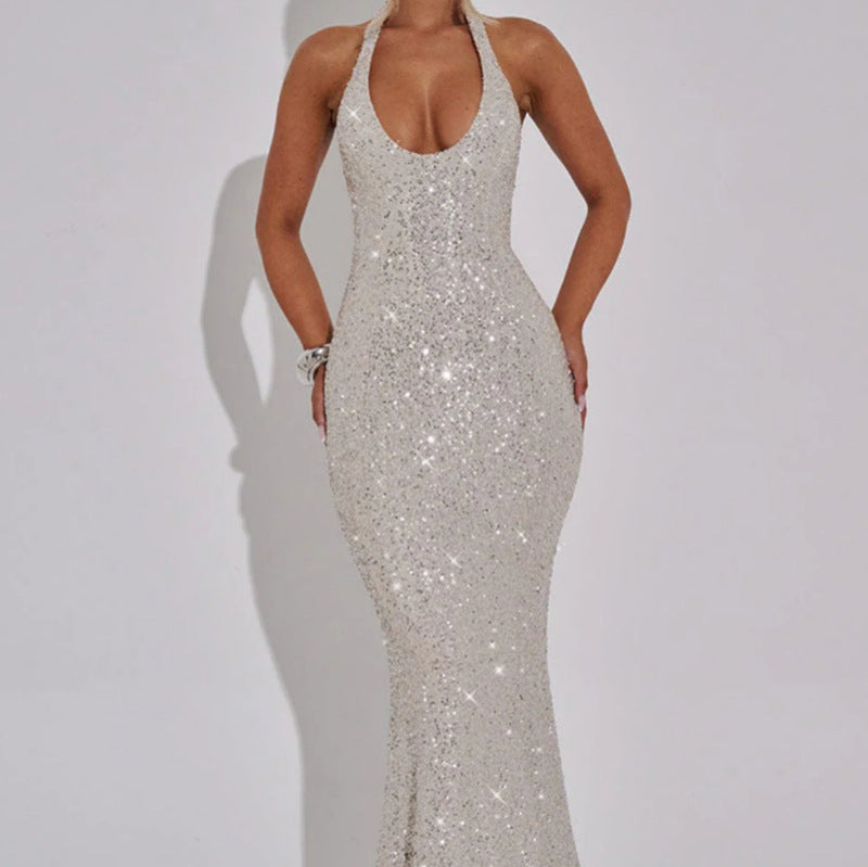 Damen Glamouröses Pailletten-Maxi-Kleid mit tiefem V-Ausschnitt und schmalem Schnitt EB