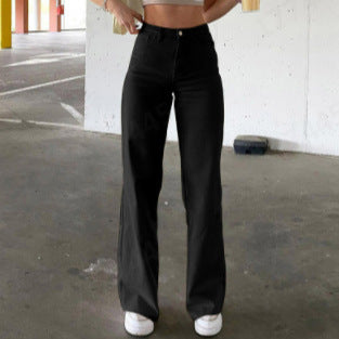 Damen nan hochgeschnittene Weitbein-Hose aus Baumwollmix mit verlängertem Bein und Fünf-Taschen-Design EB