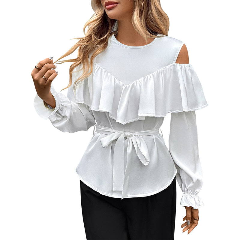Damen Elegant-Volant-Bluse mit Cut-Out-Schulter und Bindegürtel EB