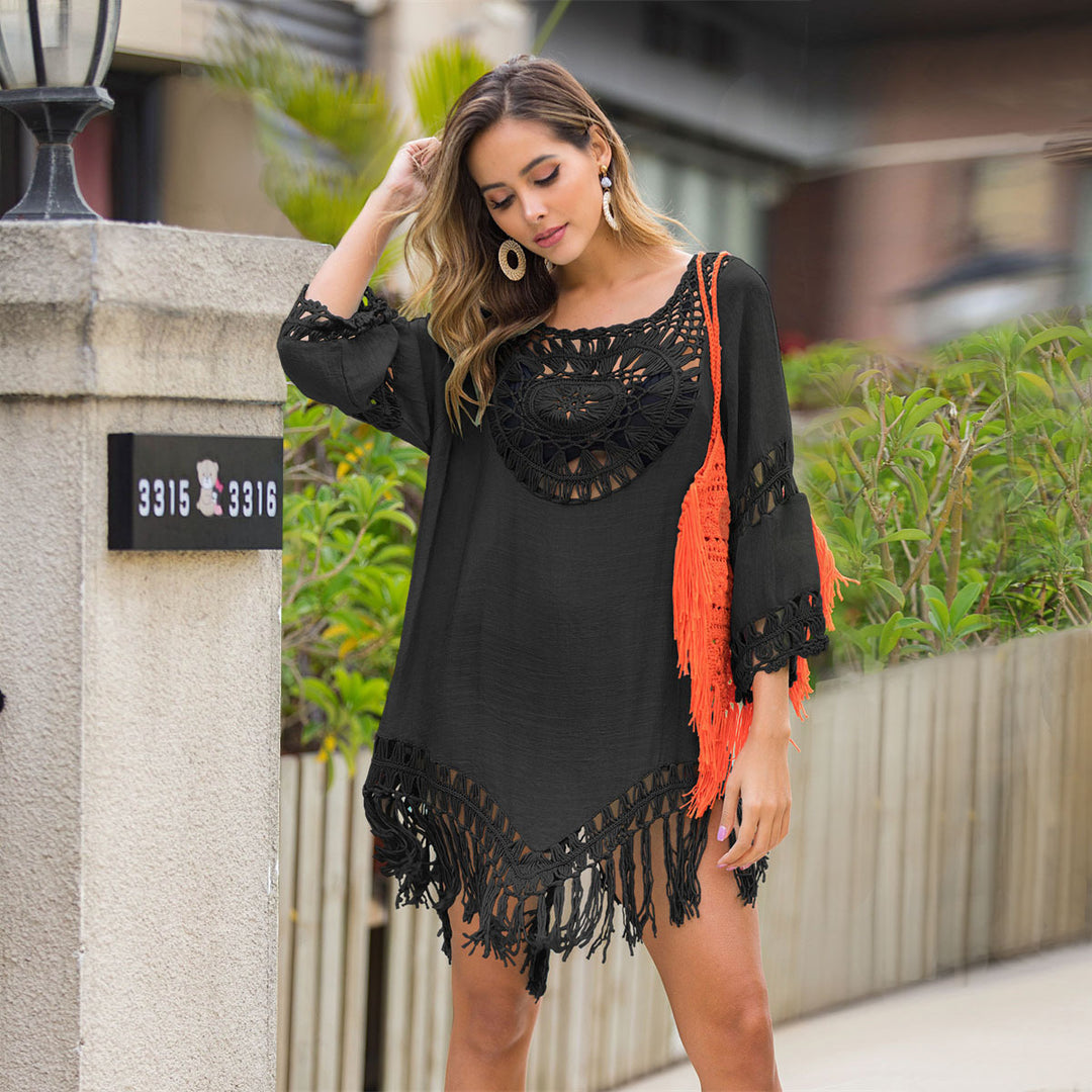 Damen Häkel-Strandtunika mit fransigem Saum und transparentem Design EB