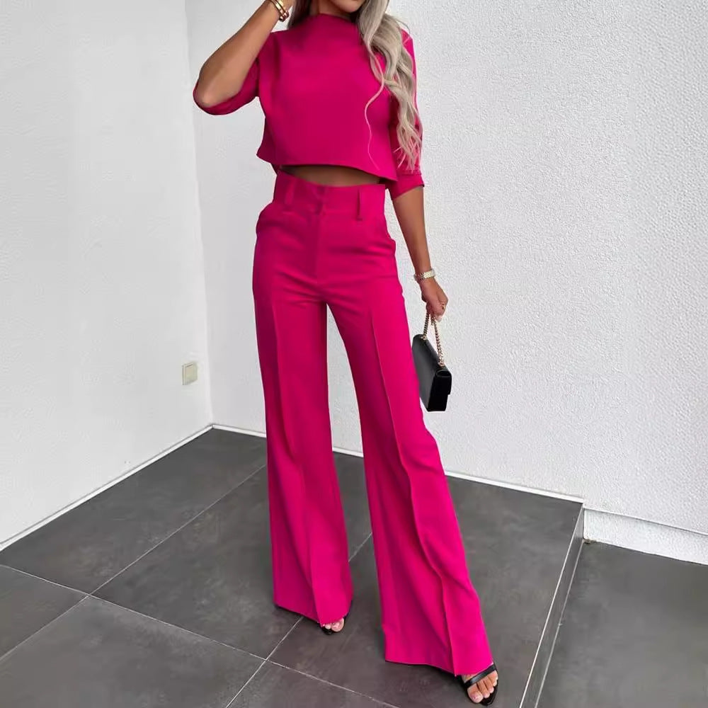 Damen stylisches Crop-Top mit eleganten High-Waist-Hosen EB