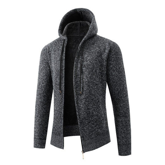 Herren nan melierte Strickzip-Kapuzenjacke mit wärmendem Teddyfutter, verdecktem Zwei-Wege-Reißverschluss und elastischen Bündchen EB