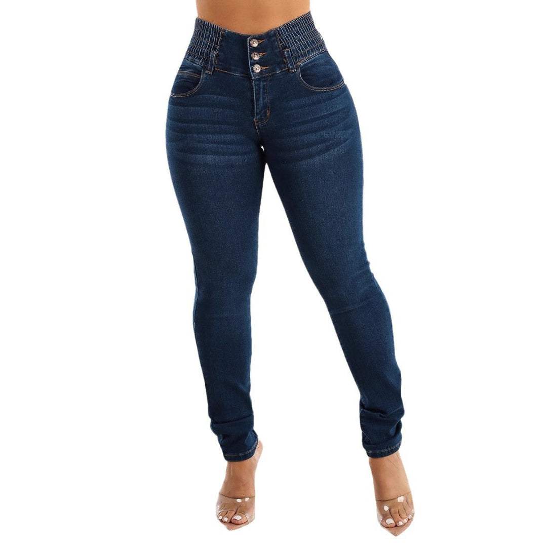 Damen Slim Fit Jeanshose mit elastischem Bund und Knopfverschluss EB