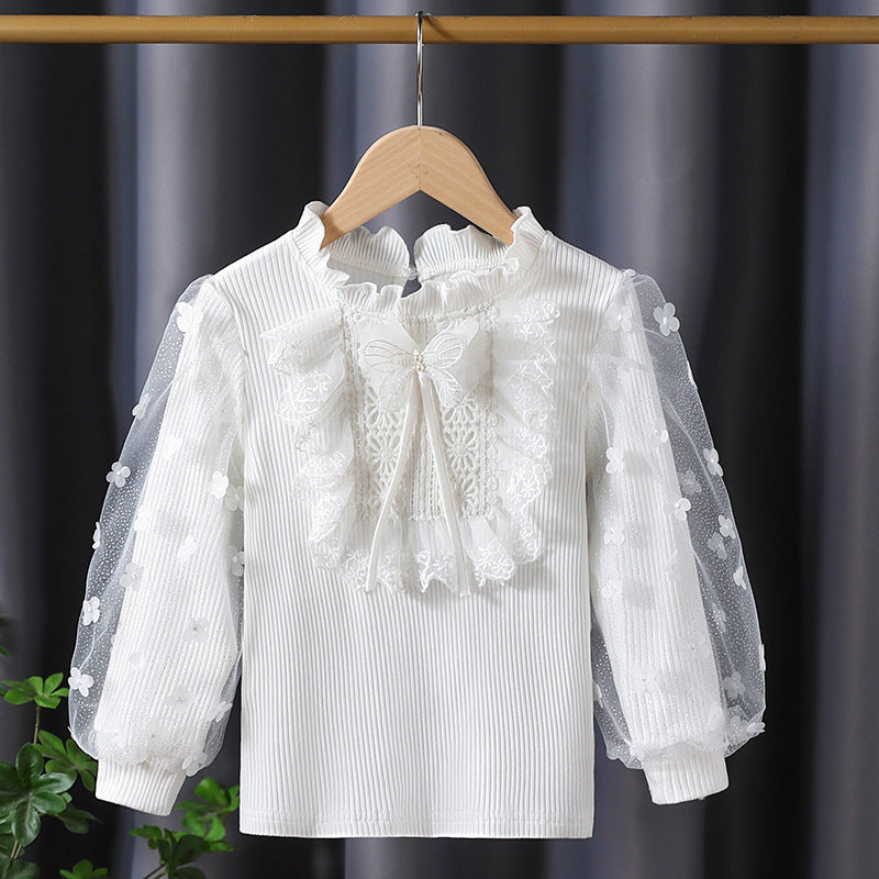 Mädchen Rüschenbluse mit floralen Applikationen und transparenten Ärmeln EB