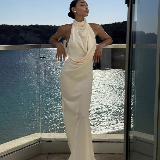 Damen Elegantes Maxi-Kleid mit hochwertigem Drapierungsdesign und schimmerndem Stoff EB