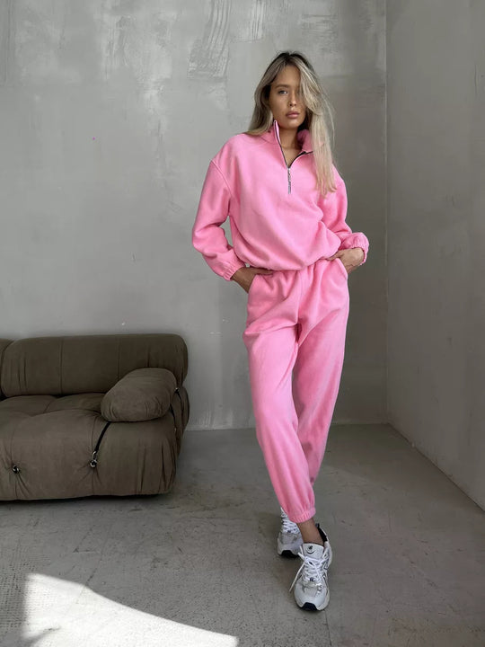 Damen lässiges Fleece-Jogginganzug Set mit Stehkragen und halbhohem Reißverschluss EB