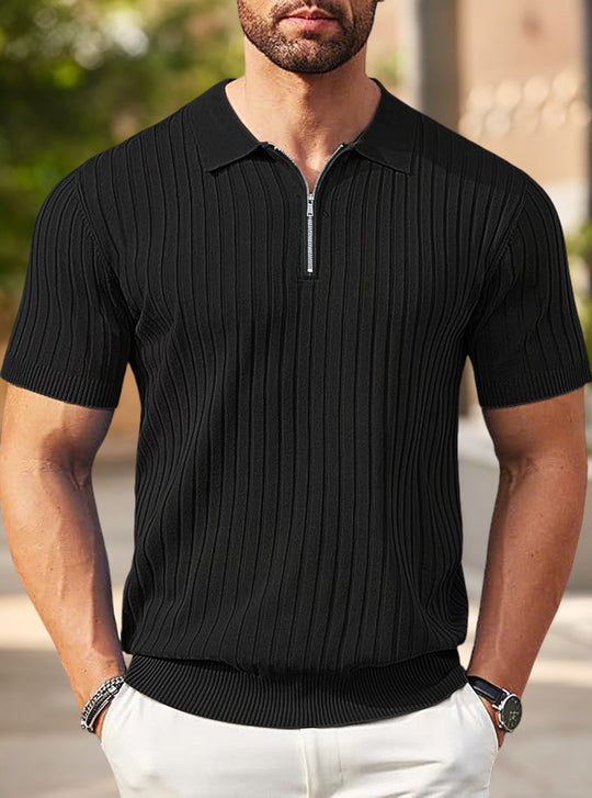Herren nan elegantes strukturiertes Kurzarm-Strickpolo mit kurzem Metallreißverschluss und Hemdkragen EB