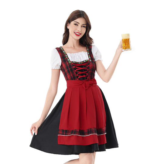 Damen nan traditionelles Dirndlkleid mit kariertem Mieder, Schnürung, Puffärmeln und Schürze EB
