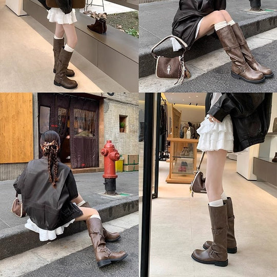 Damen Stiefel im lässigen Biker-Stil mit robustem Riemen und bequemem Blockabsatz EB