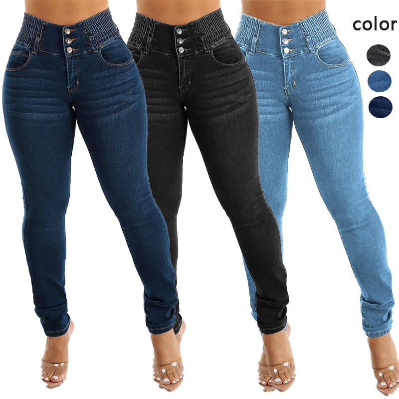 Damen Slim Fit Jeanshose mit elastischem Bund und Knopfverschluss EB