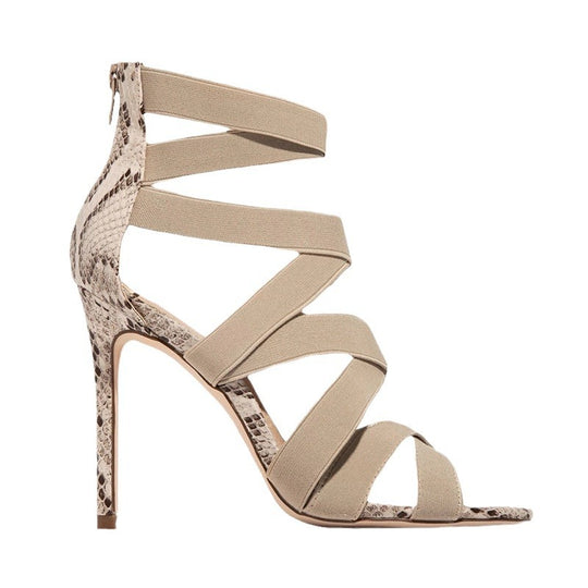 Damen High Heel Sandalen mit elastischen Riemen und stylischem Schlangenleder-Design EB