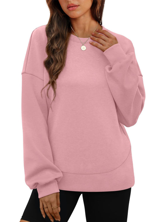 Damen nan lässiges Oversize Rundhals-Sweatshirt mit überschnittener Schulter gerundetem Saum und weichem Innenfutter EB