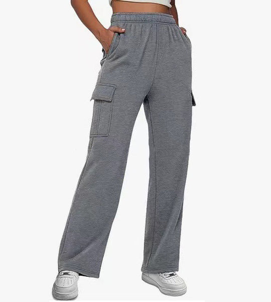 Damen nan lässige Cargo-Freizeithose mit weitem Bein elastischem Bund und aufgesetzten Taschen EB