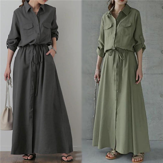 Damen nan langes Hemdkleid mit Tunnelzugtaillierung und aufgesetzten Brusttaschen EB