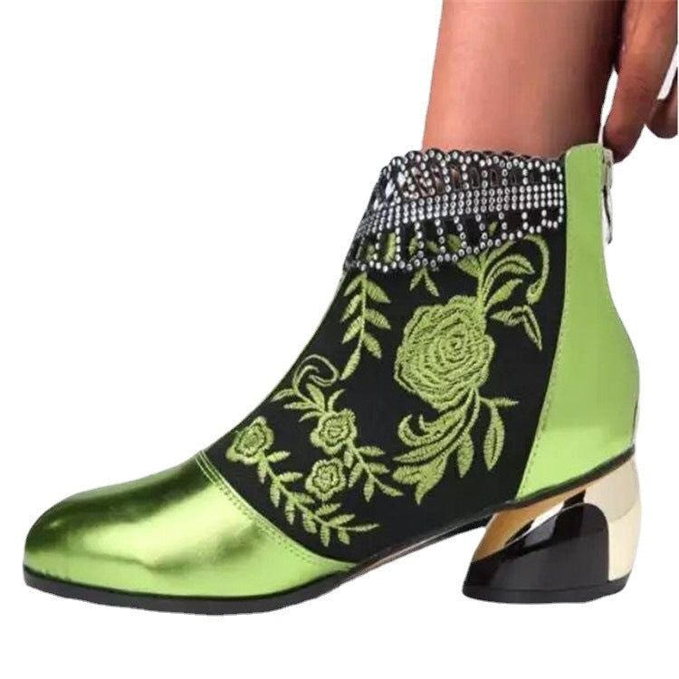 Damen nan bestickte Ankle-Boots mit Samteinsatz Perlenbesatz und skulptiertem Blockabsatz EB