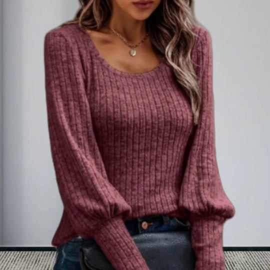 Damen Strickpullover mit Ballonärmeln und feinem Rippmuster EB